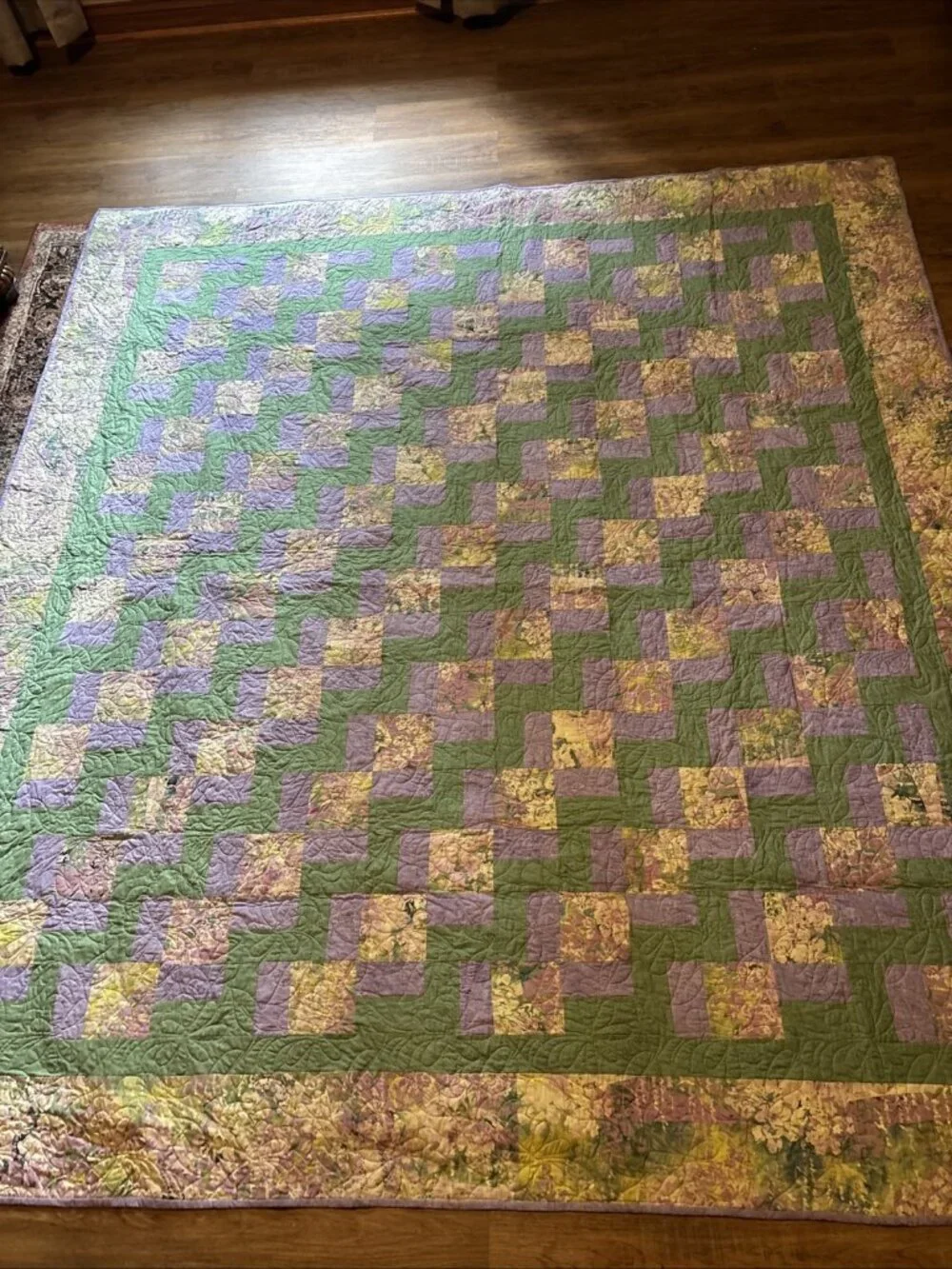 Homemade Modern King Quilt Green & Purple Size 100 X 92 Nine Patch